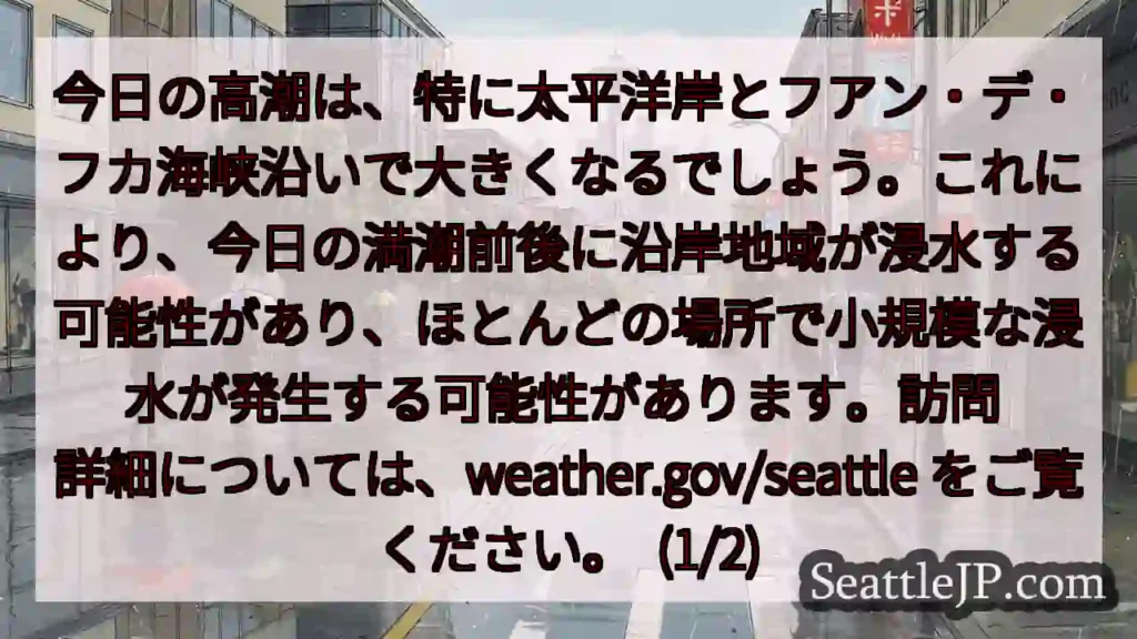 今日の高潮は、特に太平洋岸とフアン・デ・フカ海峡沿いで大きくなるでしょう。これにより、今日の満潮前後