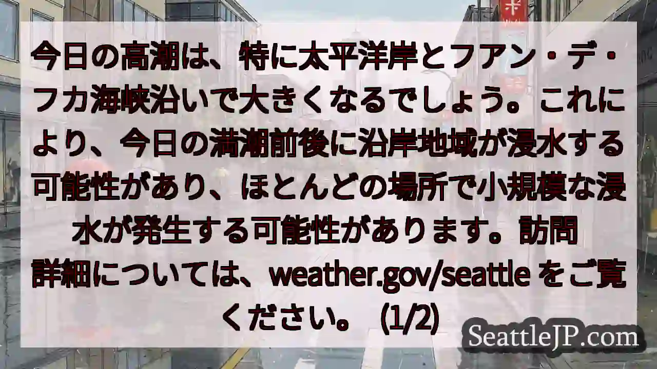 今日の高潮は、特に太平洋岸とフアン・デ・フカ海峡沿いで大きくなるでしょう。これにより、今日の満潮前後