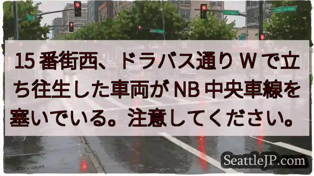 15 番街西、ドラバス通り W で立ち往生した車両が NB 中央車線を塞いでいる。注意してください。
