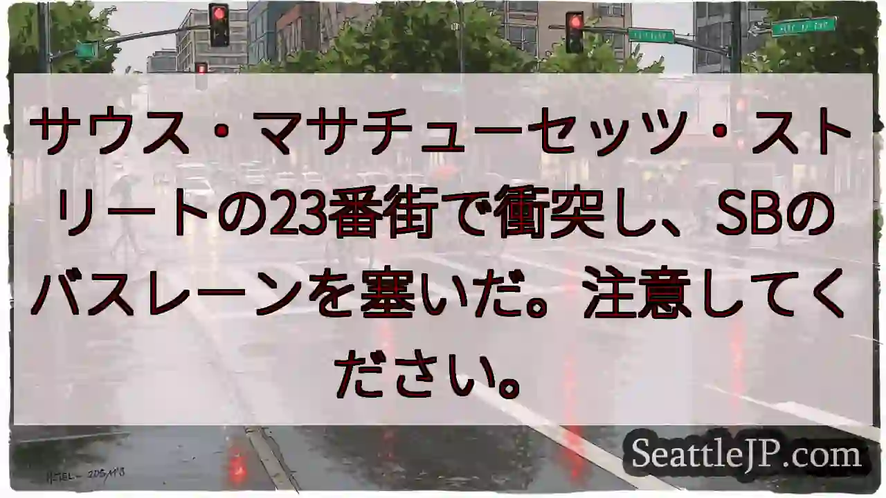 サウス・マサチューセッツ・ストリートの23番街で衝突し、SBのバスレーンを塞いだ。注意してください。