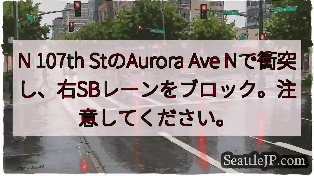 N 107th StのAurora Ave Nで衝突し、右SBレーンをブロック。注意してください。