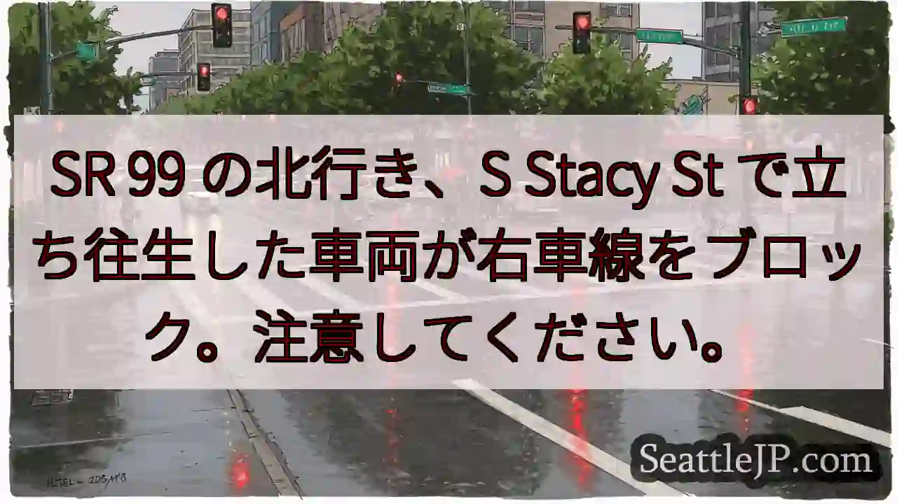 SR 99 の北行き、S Stacy St で立ち往生した車両が右車線をブロック。注意してください。