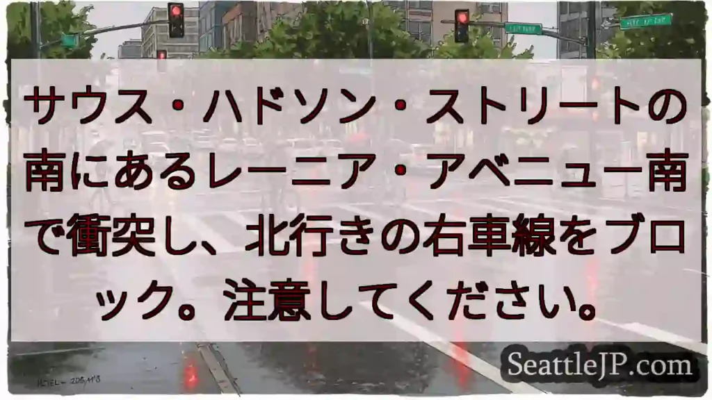サウス・ハドソン・ストリートの南にあるレーニア・アベニュー南で衝突し、北行きの右車線をブロック。注意