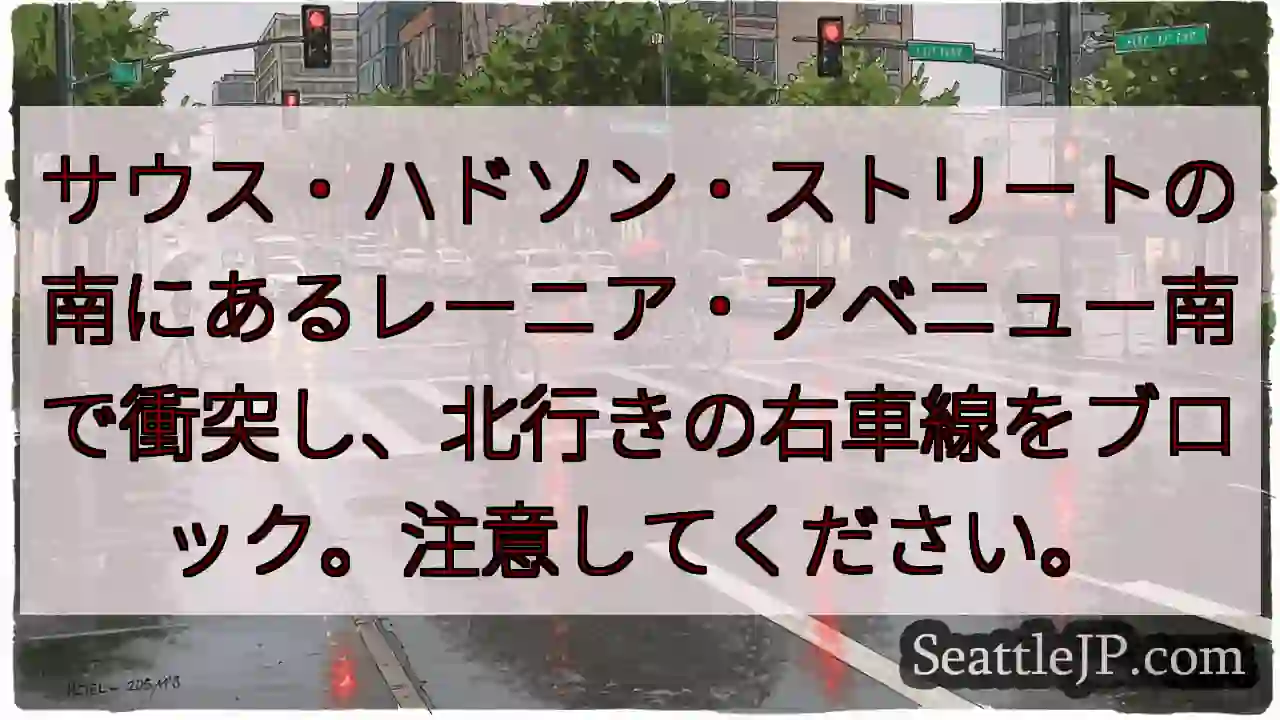サウス・ハドソン・ストリートの南にあるレーニア・アベニュー南で衝突し、北行きの右車線をブロック。注意