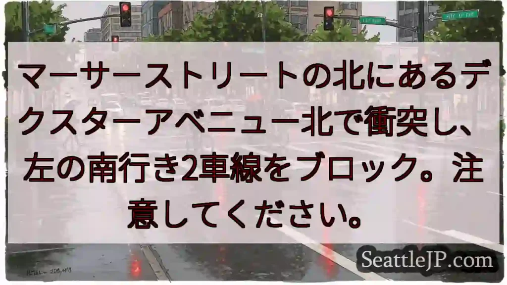 マーサーストリートの北にあるデクスターアベニュー北で衝突し、左の南行き2車線をブロック。注意してくだ