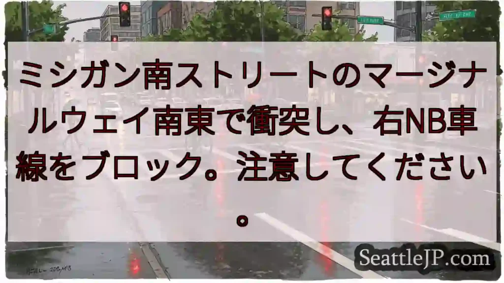 ミシガン南ストリートのマージナルウェイ南東で衝突し、右NB車線をブロック。注意してください。