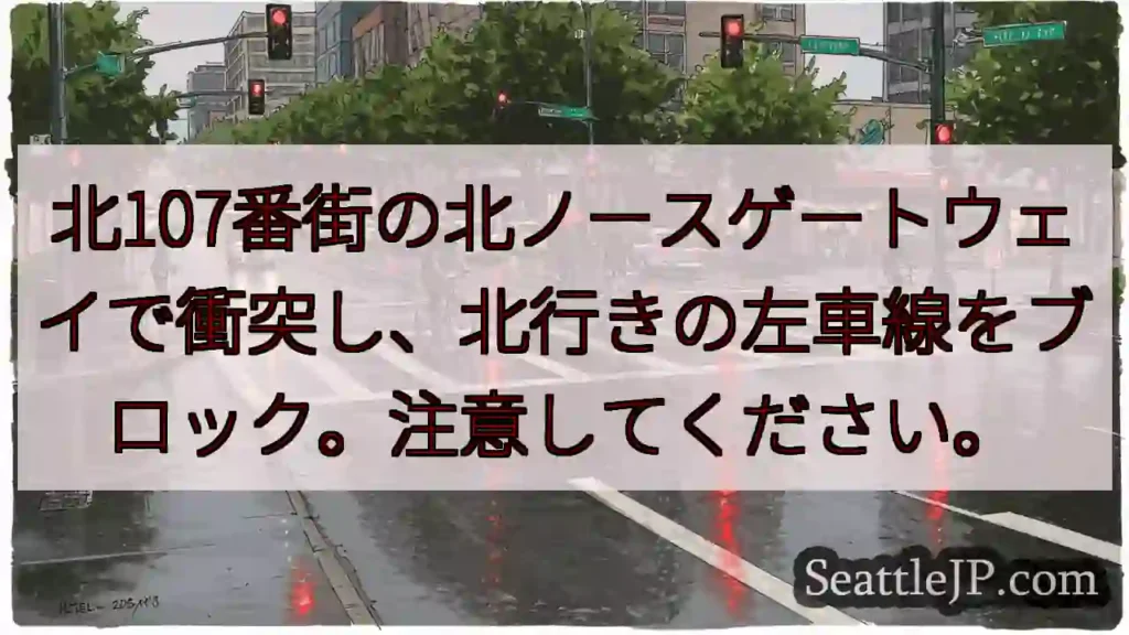 北107番街の北ノースゲートウェイで衝突し、北行きの左車線をブロック。注意してください。