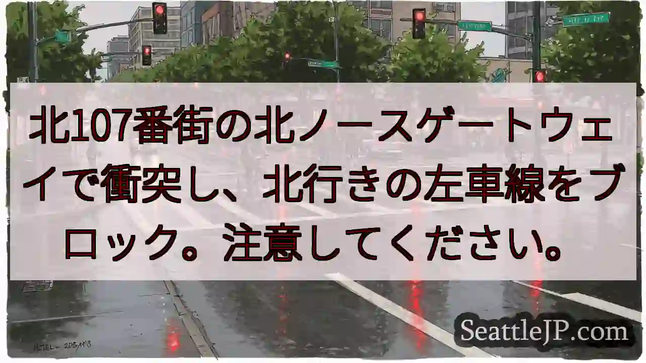 北107番街の北ノースゲートウェイで衝突し、北行きの左車線をブロック。注意してください。