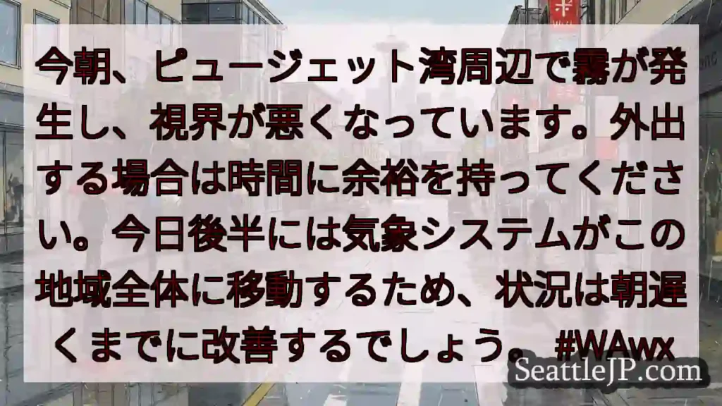 今朝、ピュージェット湾周辺で霧が発生し、視界が悪くなっています。外出する場合は時間に余裕を持ってくだ