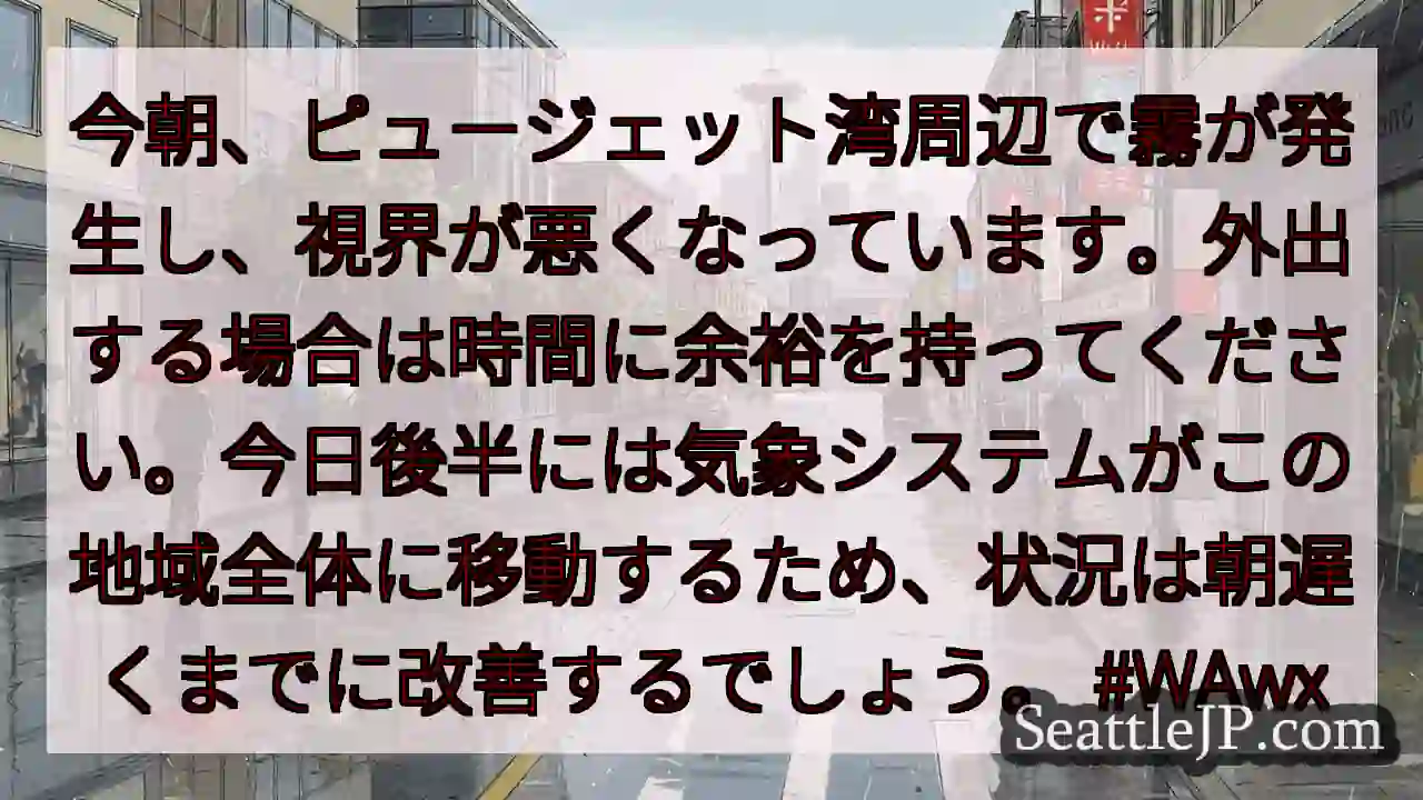 今朝、ピュージェット湾周辺で霧が発生し、視界が悪くなっています。外出する場合は時間に余裕を持ってくだ