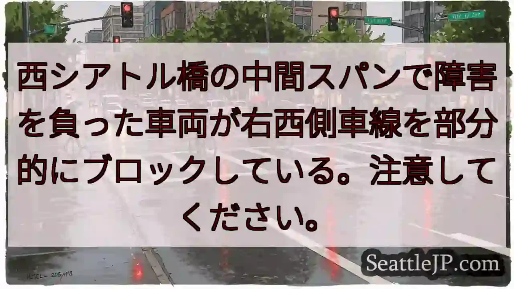 西シアトル橋の中間スパンで障害を負った車両が右西側車線を部分的にブロックしている。注意してください。