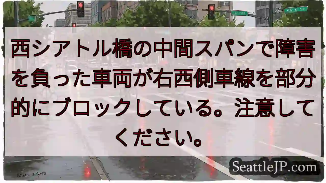 西シアトル橋の中間スパンで障害を負った車両が右西側車線を部分的にブロックしている。注意してください。