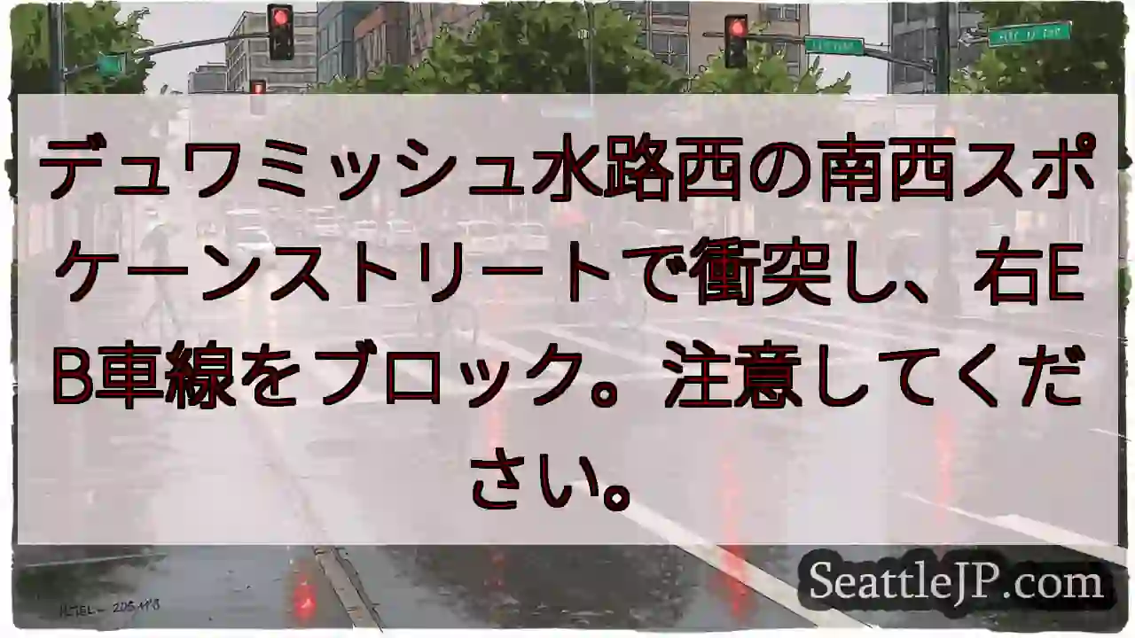 デュワミッシュ水路西の南西スポケーンストリートで衝突し、右EB車線をブロック。注意してください。