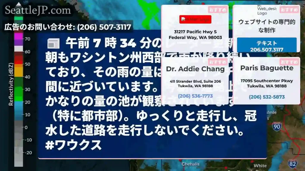 午前 7 時 34 分のレーダー更新: 今朝もワシントン州西部で雨が降り続いており、その雨の量は