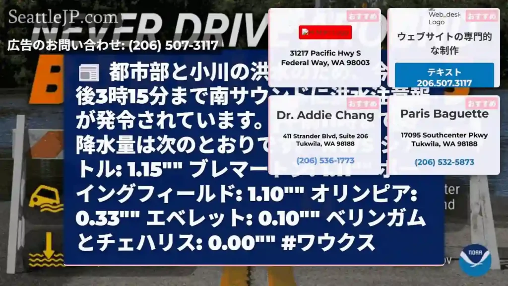 都市部と小川の洪水のため、今日午後3時15分まで南サウンドに洪水注意報が発令されています。