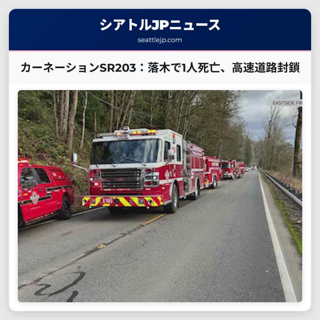 シアトルニュース 1 カーネーションSR203:落木で1人死亡、高速道路封鎖
