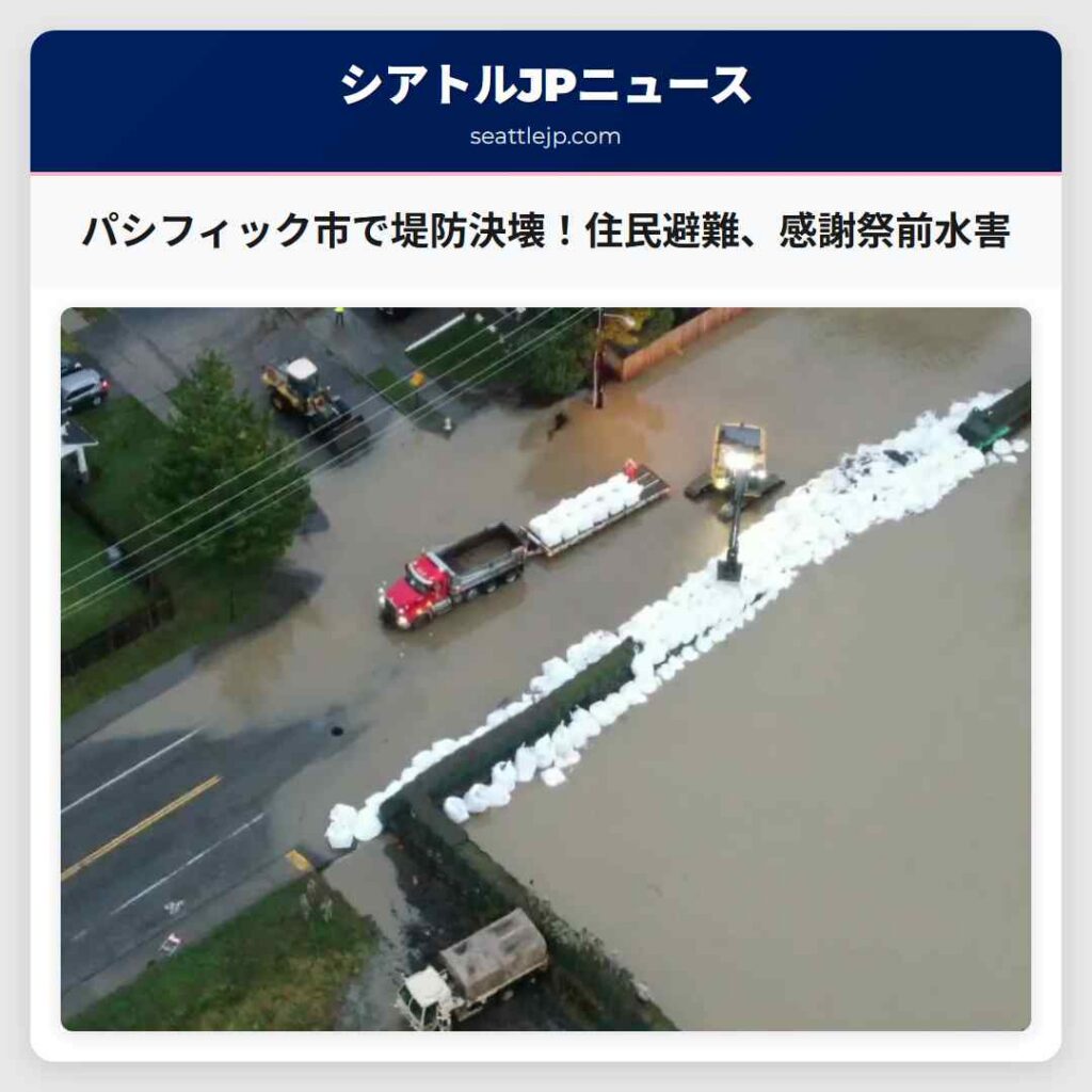 パシフィック市で堤防決壊!住民避難、感謝祭前水害