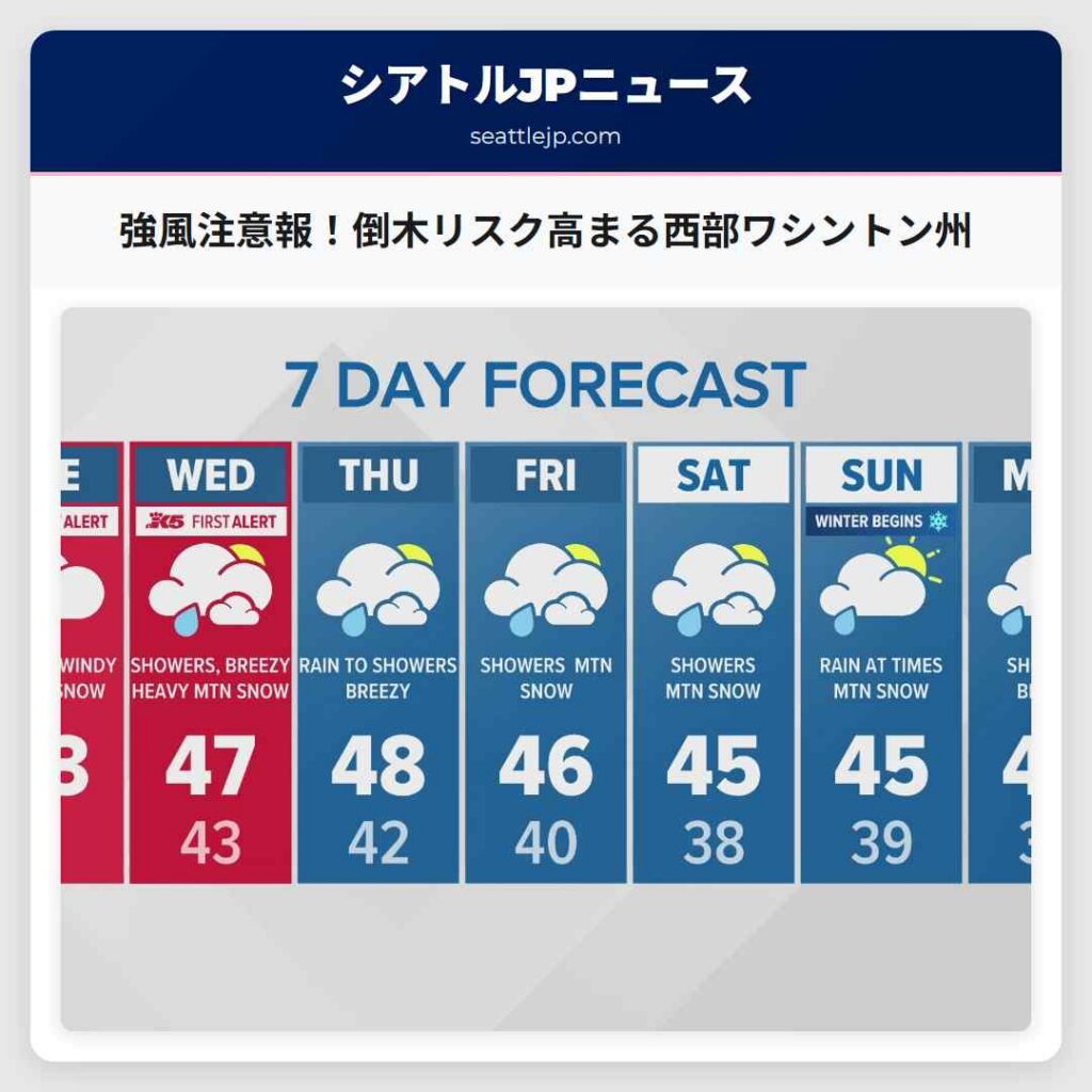 強風注意報!倒木リスク高まる西部ワシントン州