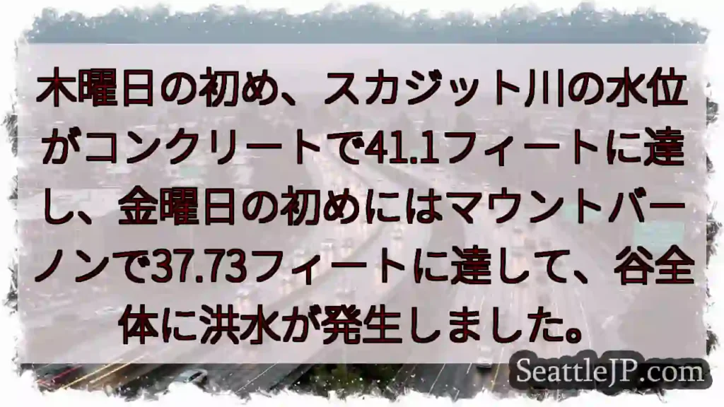 スカジット川、洪水!水位上昇