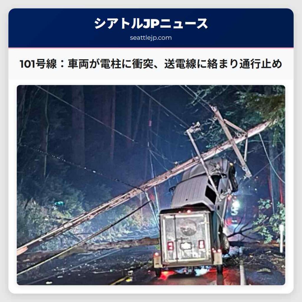 101号線：車両が電柱に衝突、送電線に絡まり通行止め