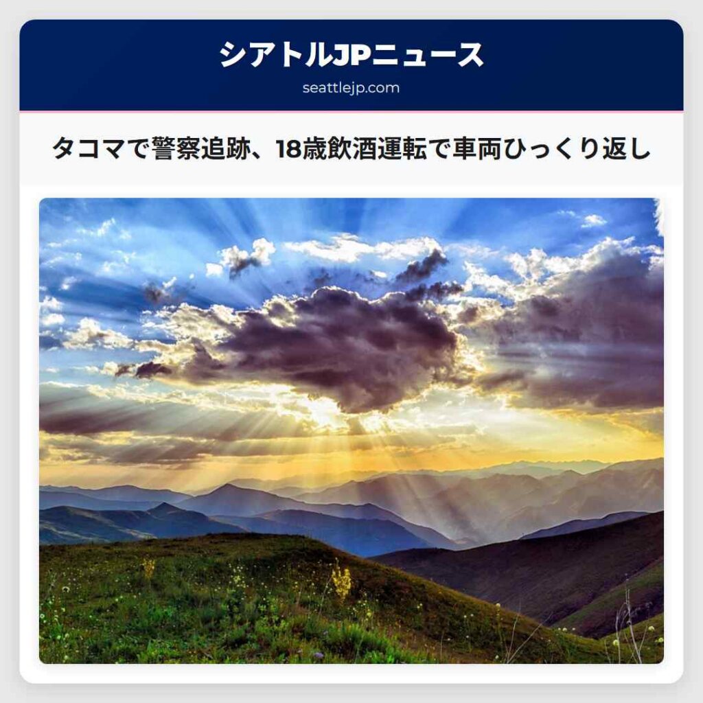 タコマで警察追跡、18歳飲酒運転で車両ひっくり返し