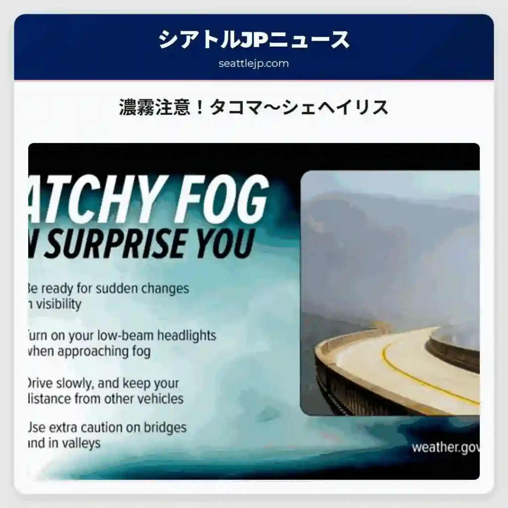 濃霧注意！タコマ～シェヘイリス
