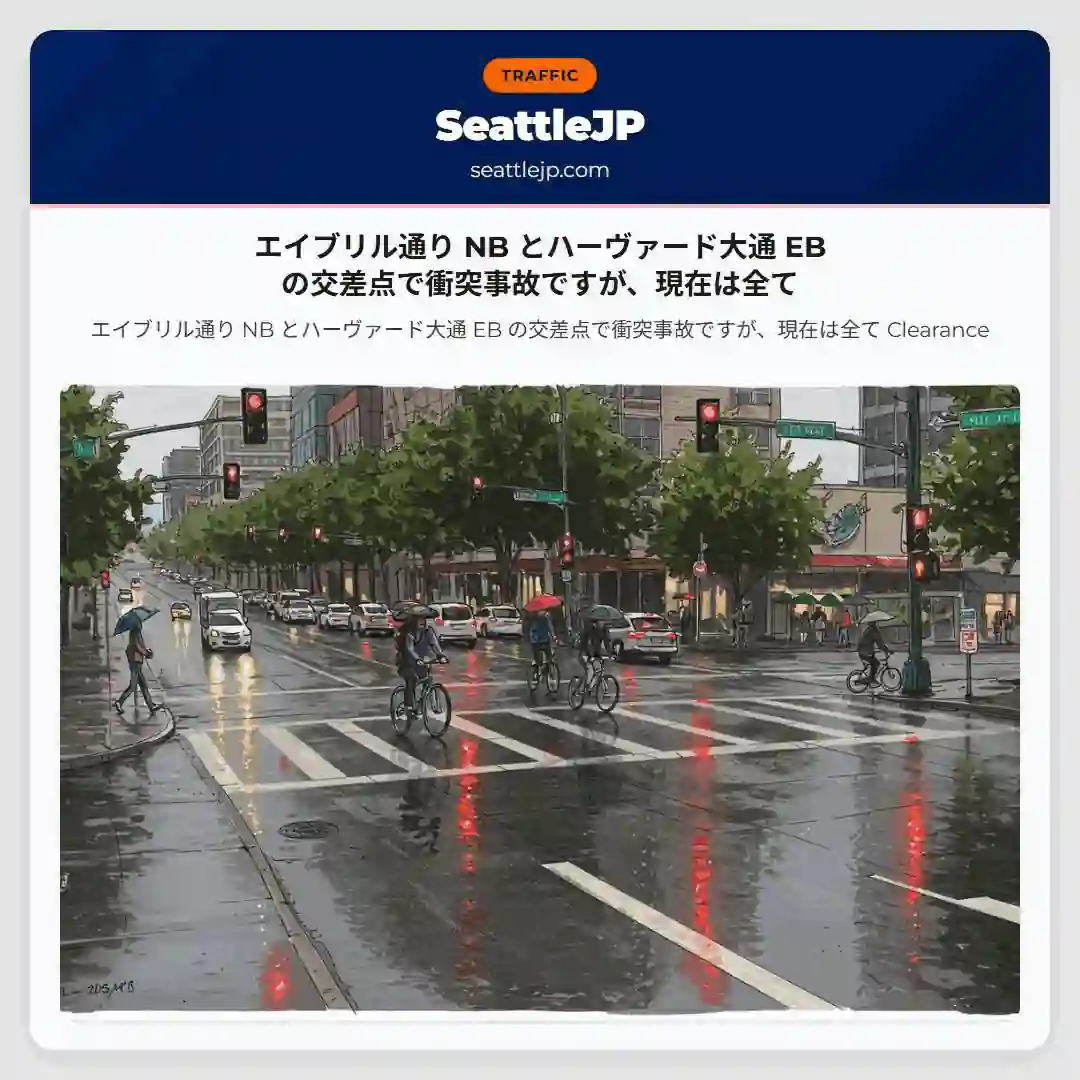 エイブリル通り NB とハーヴァード大通 EB の交差点で衝突事故ですが、現在は全て