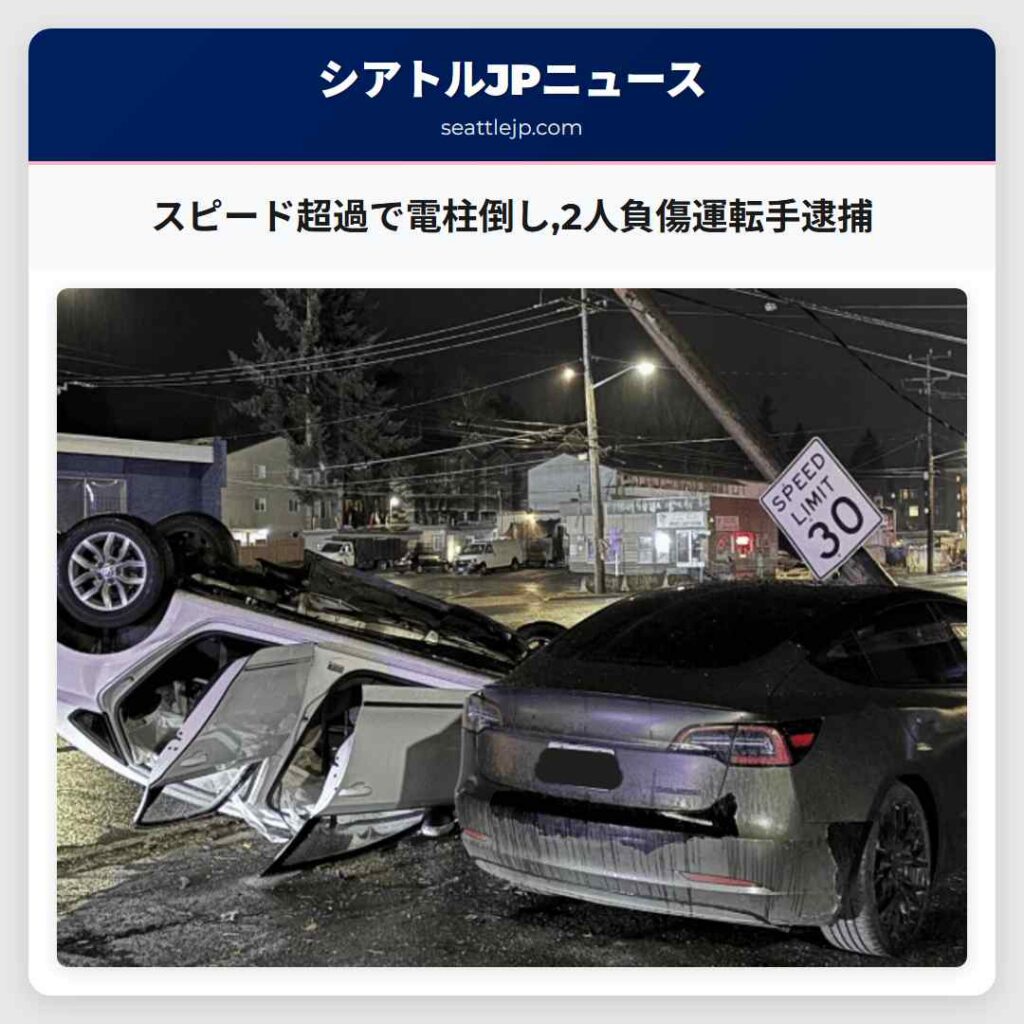 スピード超過で電柱倒し,2人負傷運転手逮捕