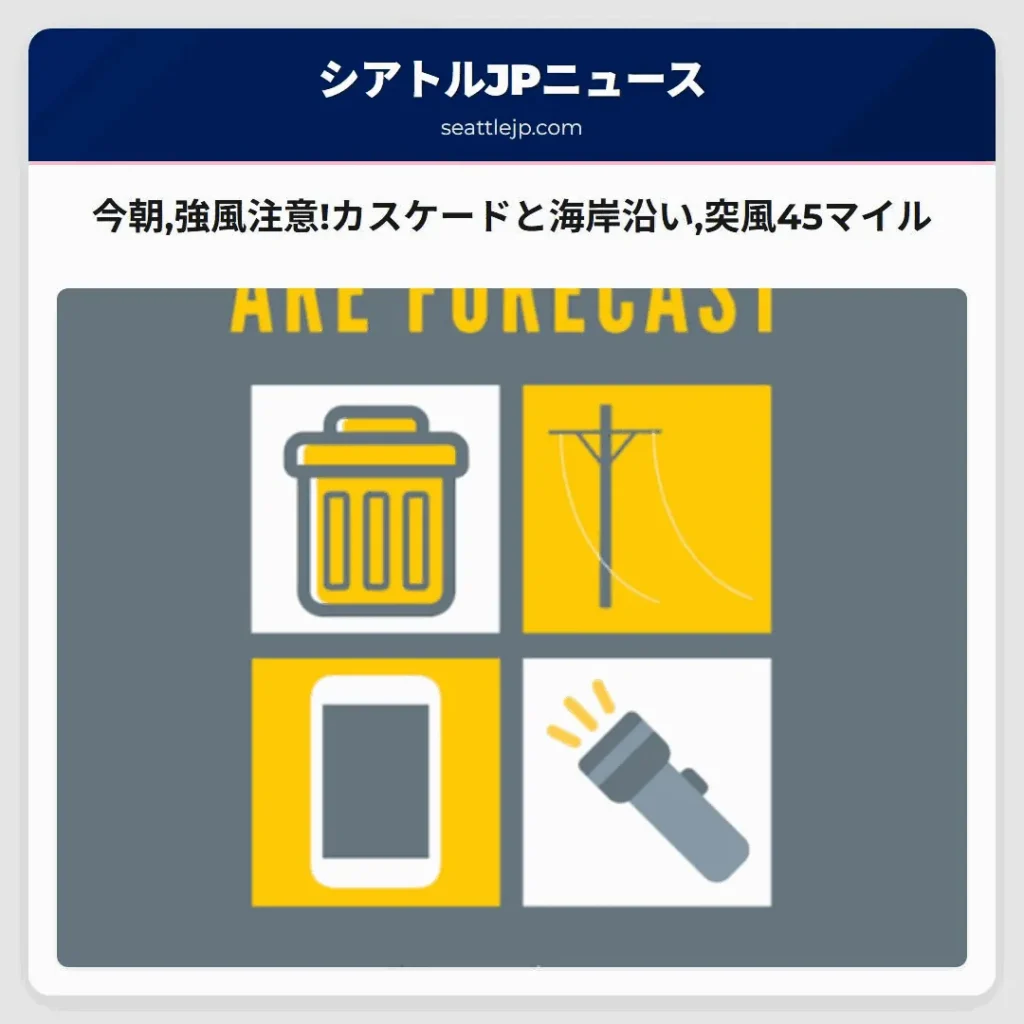 今朝,強風注意!カスケードと海岸沿い,突風45マイル