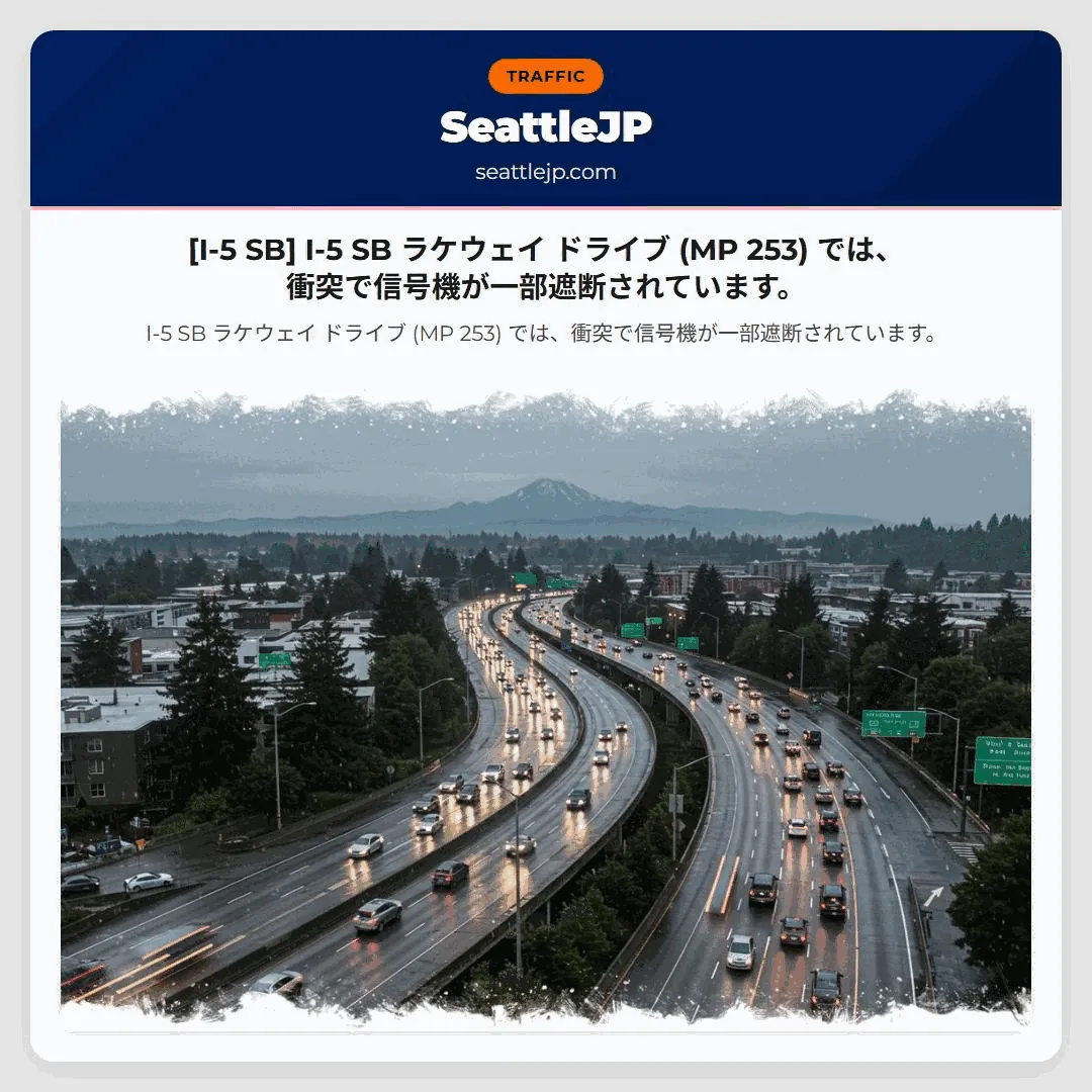 [I-5 SB] I-5 SB ラケウェイ ドライブ (MP 253) では、衝突で信号機が一部遮断されています。