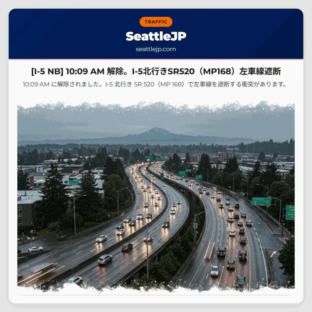 [I-5 NB] 10:09 AM 解除。I-5北行きSR520（MP168）左車線遮断
