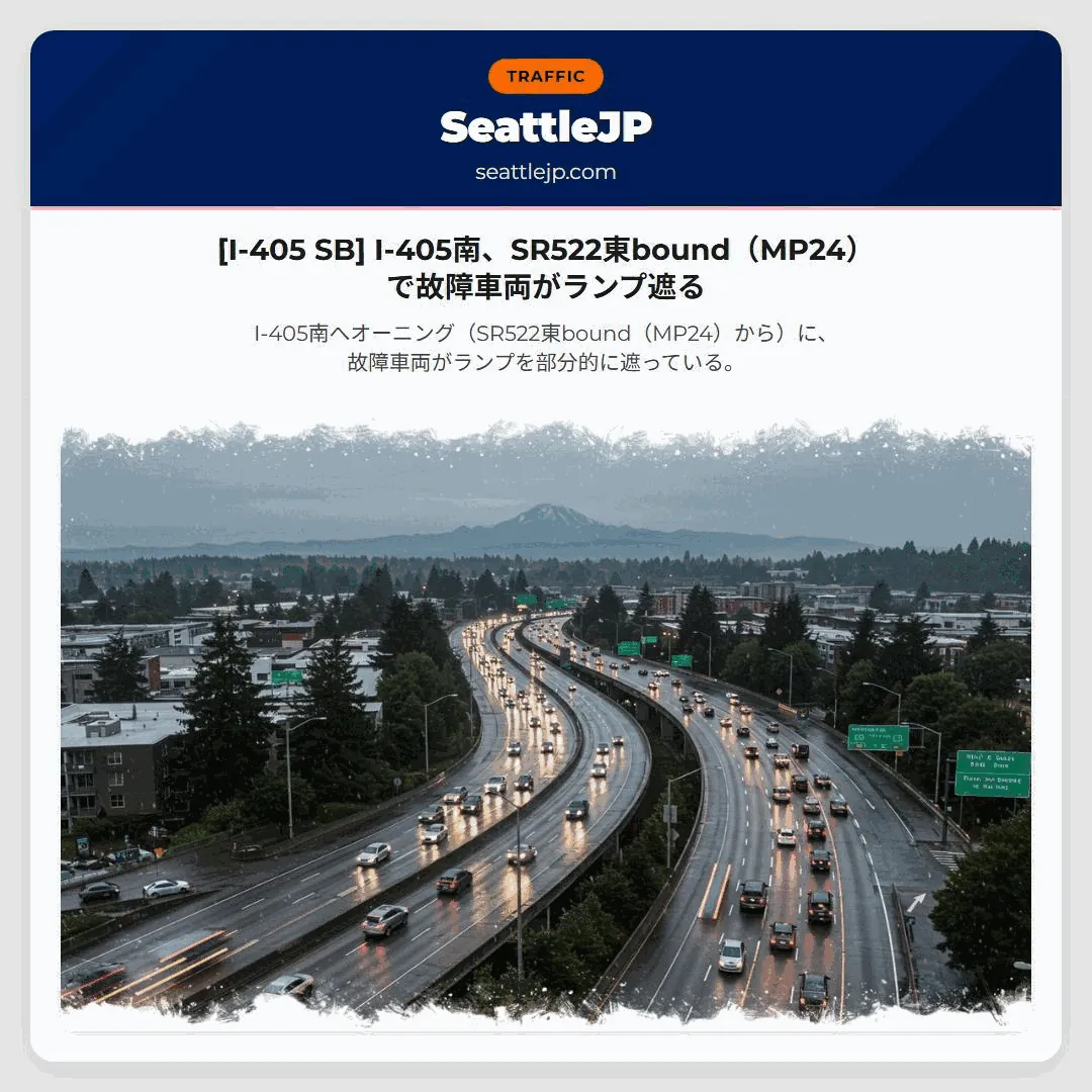 [I-405 SB] I-405南、SR522東bound（MP24）で故障車両がランプ遮る