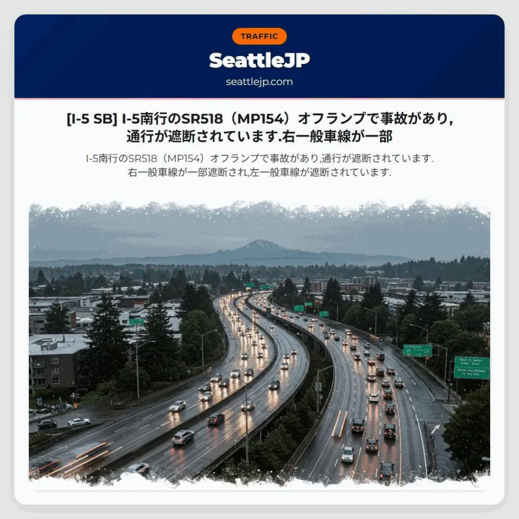 [I-5 SB] I-5南行のSR518（MP154）オフランプで事故があり,通行が遮断されています.右一般車線が一部