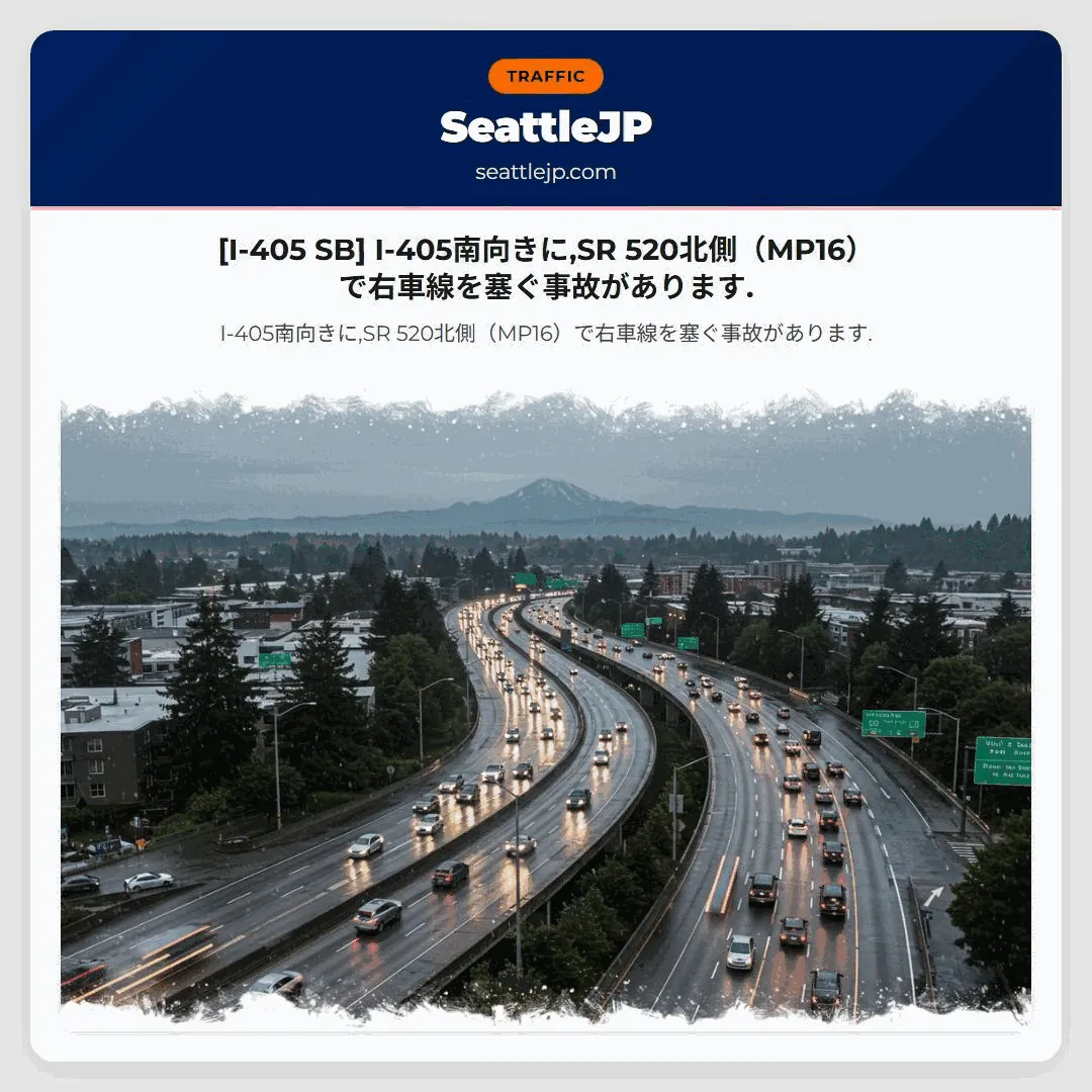 [I-405 SB] I-405南向きに,SR 520北側（MP16）で右車線を塞ぐ事故があります.