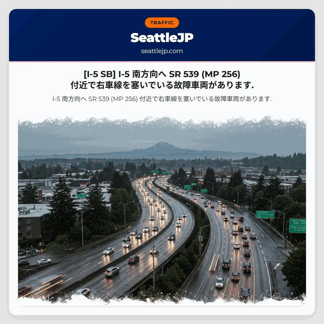 [I-5 SB] I-5 南方向へ SR 539 (MP 256) 付近で右車線を塞いでいる故障車両があります.