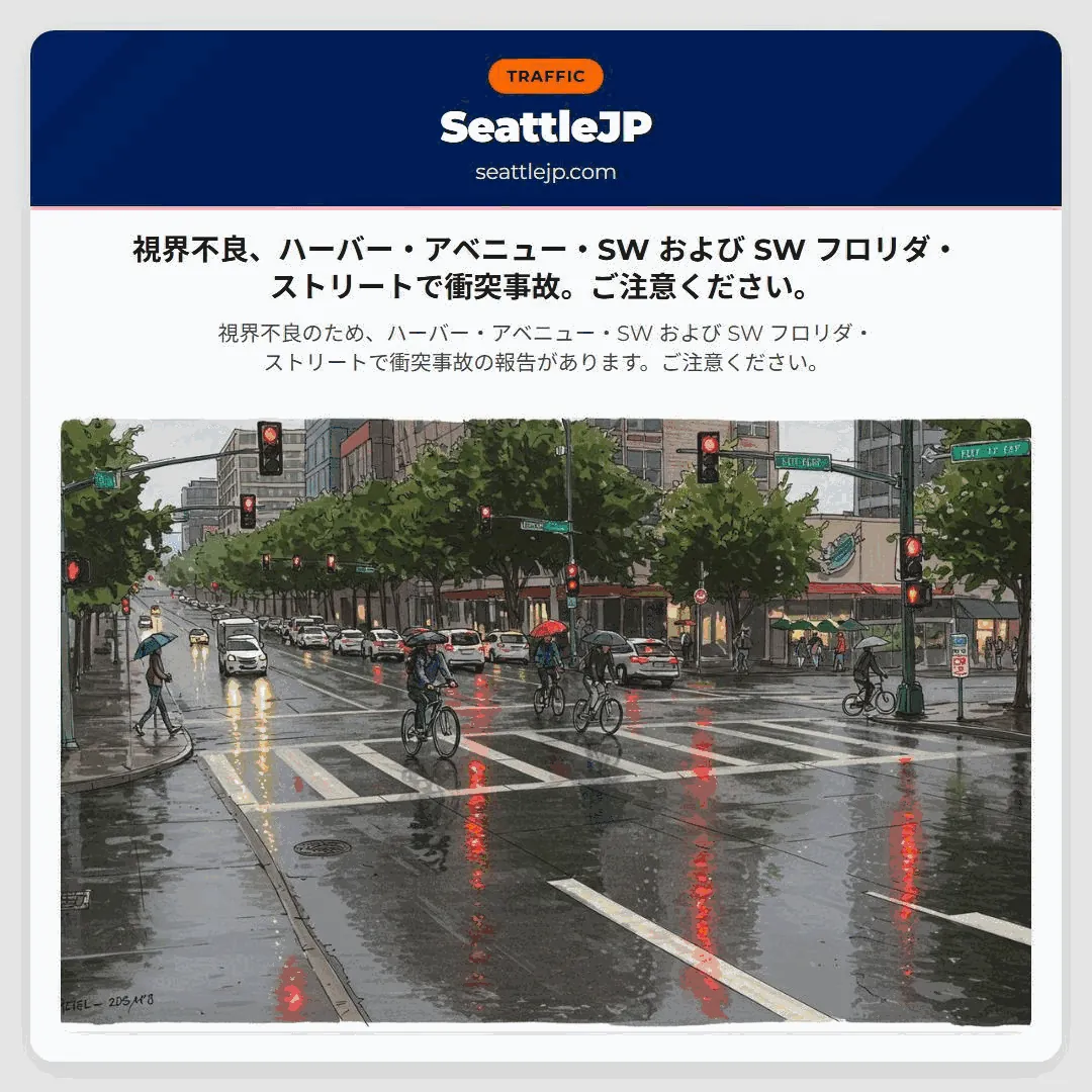 視界不良、ハーバー・アベニュー・SW および SW フロリダ・ストリートで衝突事故。ご注意ください。