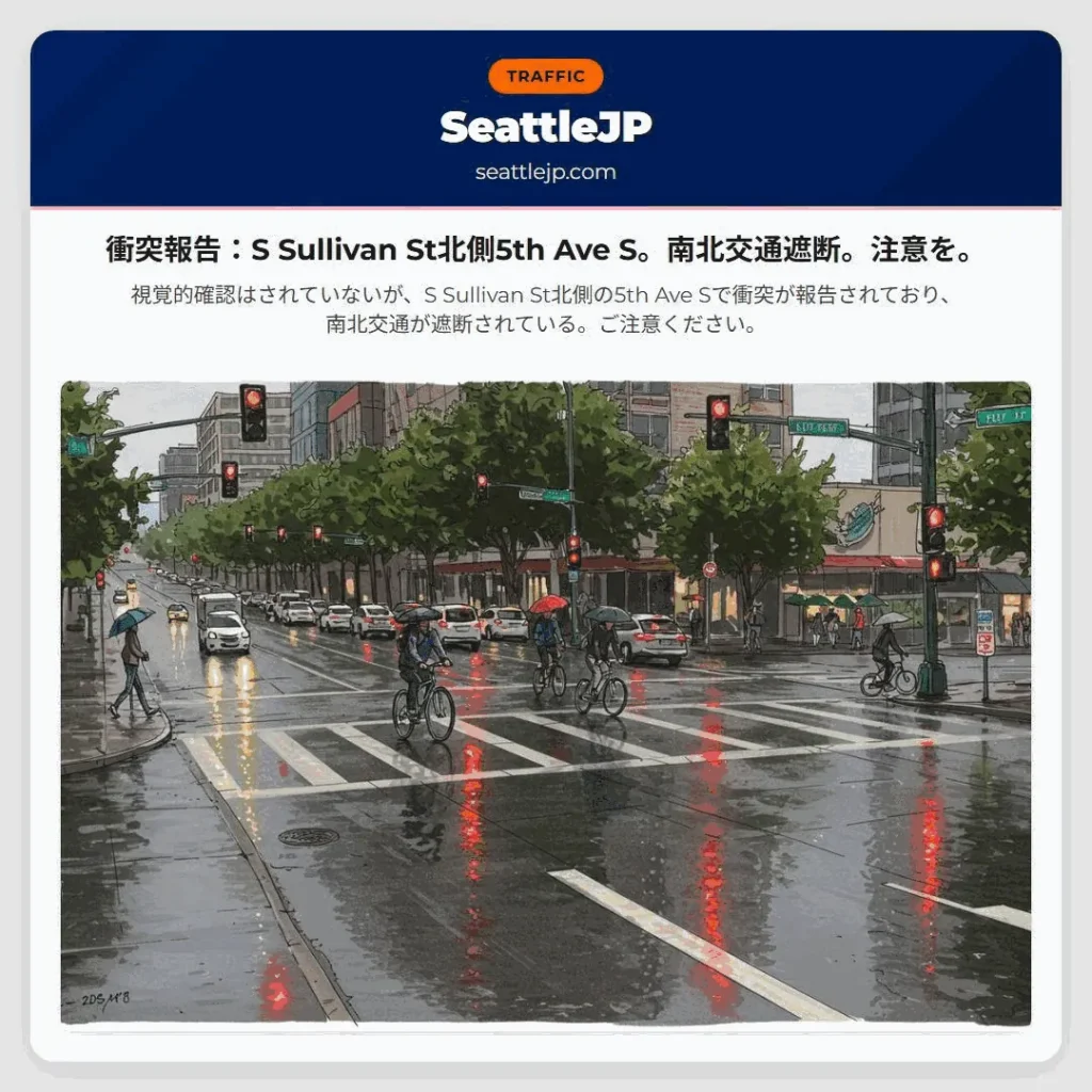 シアトル交通情報 7 衝突報告:S Sullivan St北側5th Ave S。南北交通遮断。注意を。