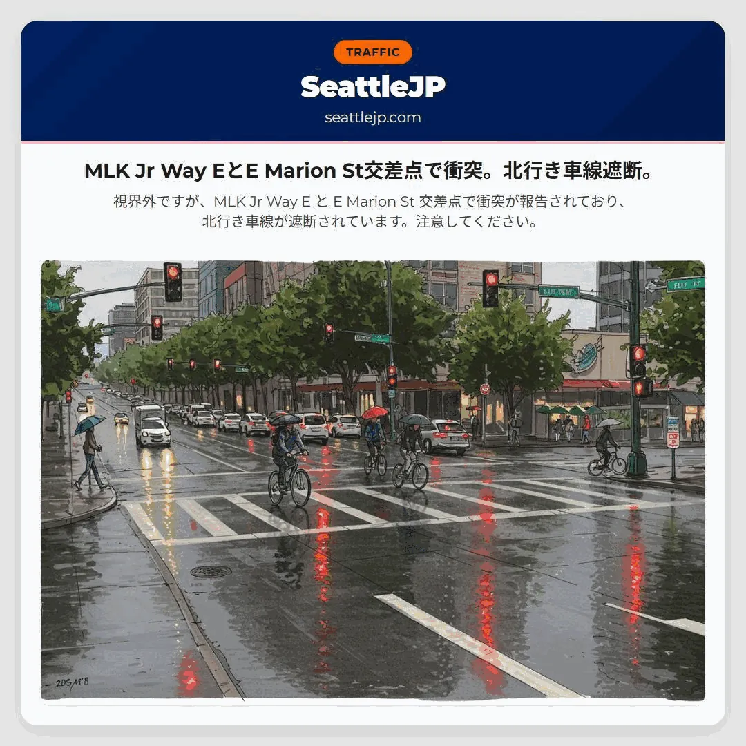 MLK Jr Way EとE Marion St交差点で衝突。北行き車線遮断。