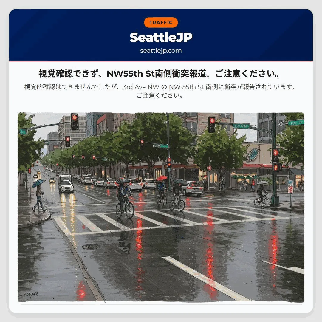 視覚確認できず、NW55th St南側衝突報道。ご注意ください。