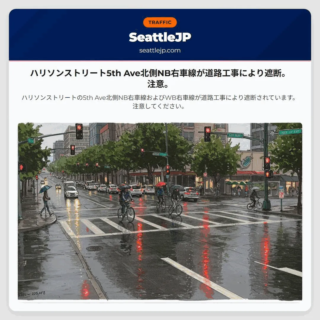 ハリソンストリート5th Ave北側NB右車線が道路工事により遮断。注意。