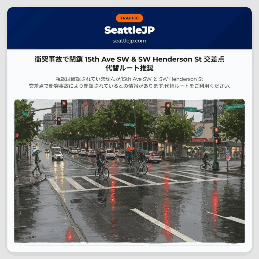 衝突事故で閉鎖 15th Ave SW & SW Henderson St 交差点 代替ルート推奨