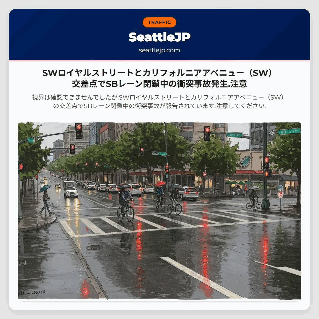 SWロイヤルストリートとカリフォルニアアベニュー（SW）交差点でSBレーン閉鎖中の衝突事故発生.注意