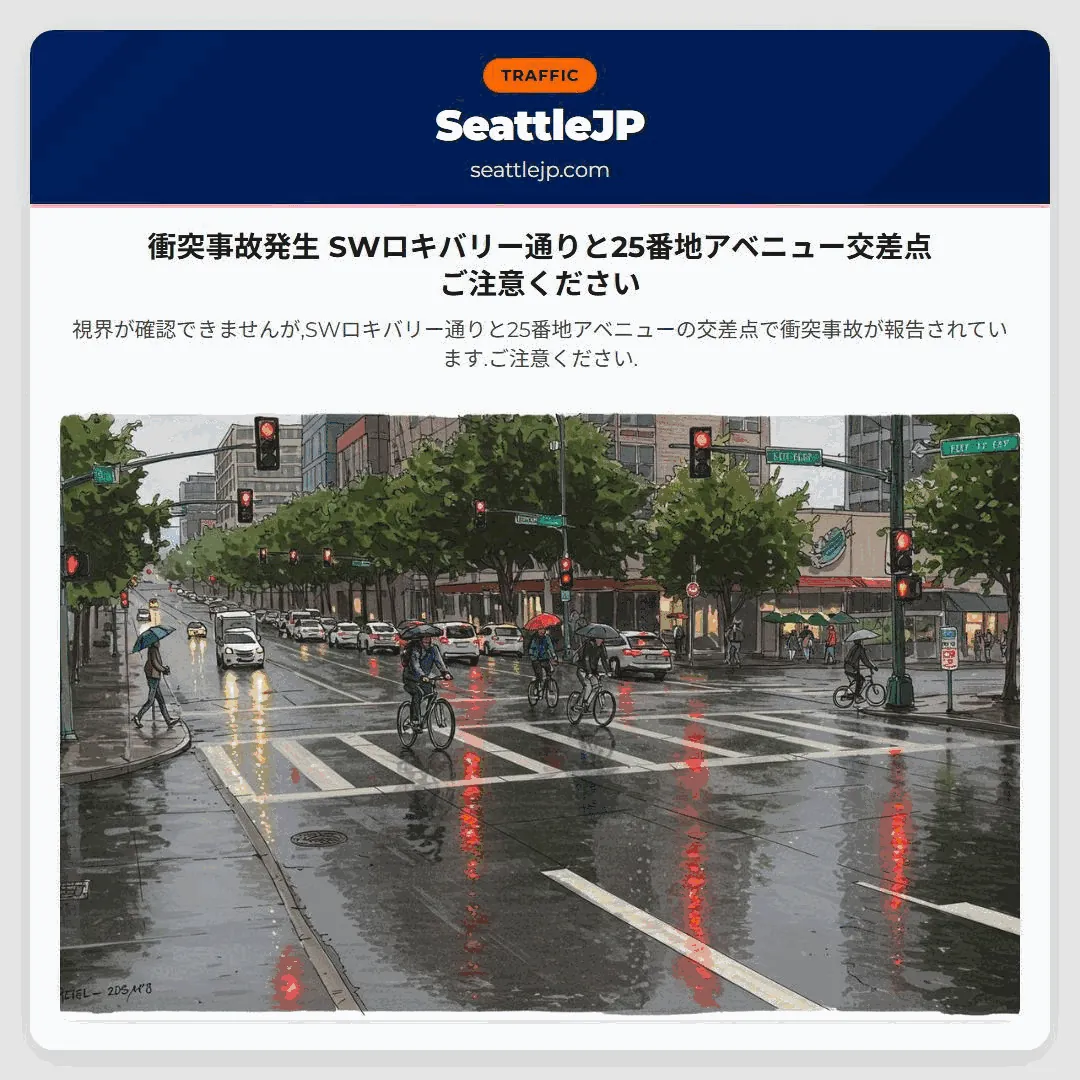 衝突事故発生 SWロキバリー通りと25番地アベニュー交差点 ご注意ください
