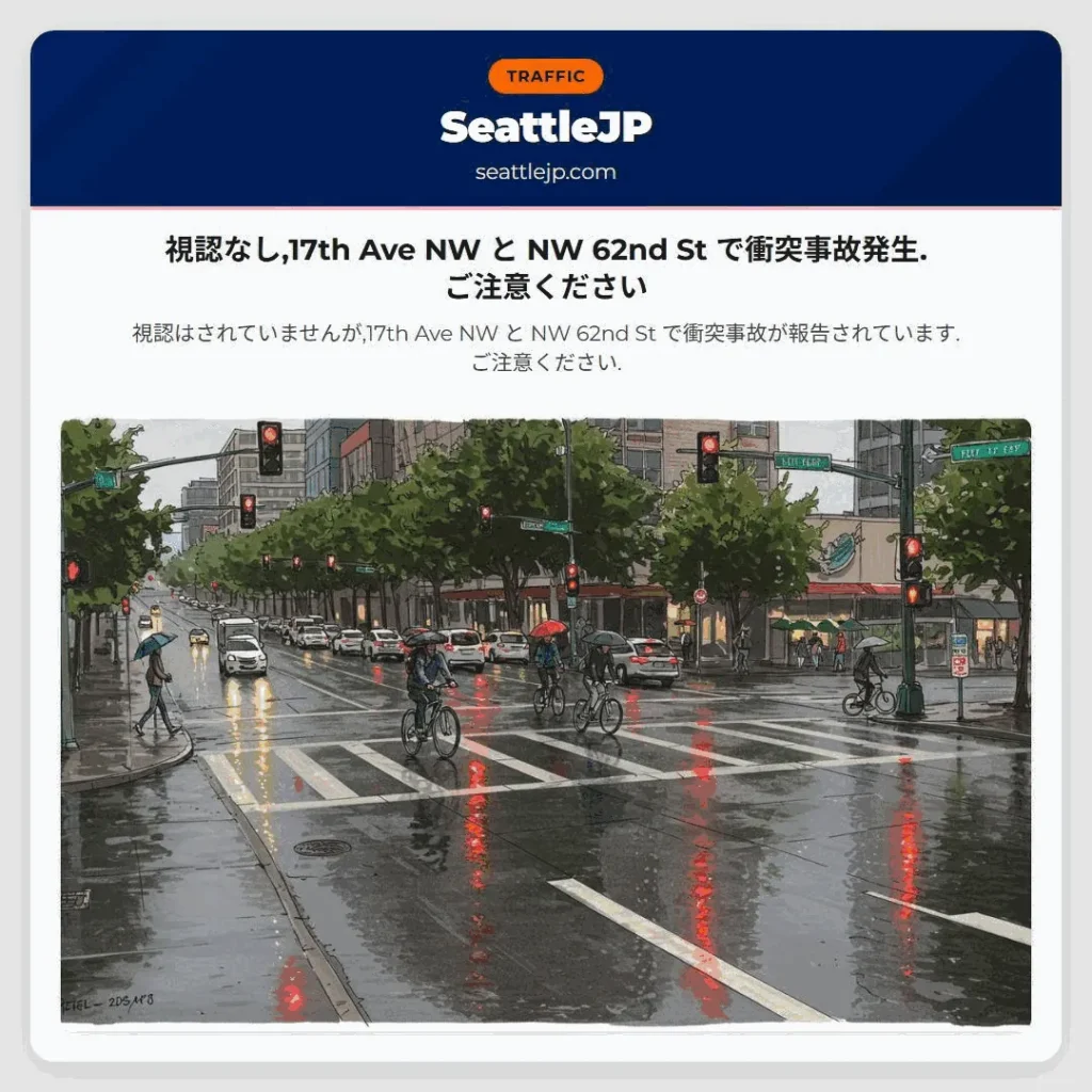 視認なし,17th Ave NW と NW 62nd St で衝突事故発生.ご注意ください