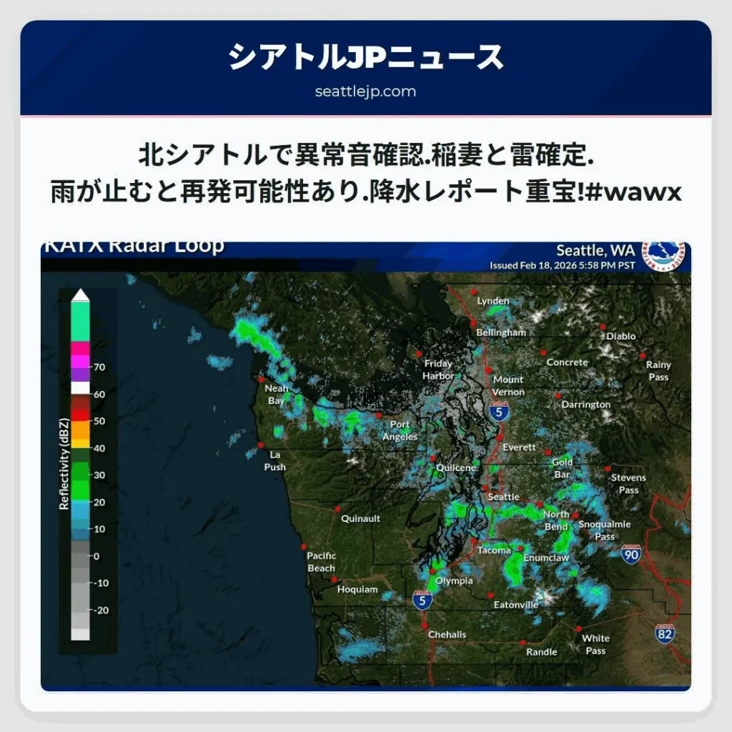 北シアトルで異常音確認.稲妻と雷確定.雨が止むと再発可能性あり.降水レポート重宝!#wawx