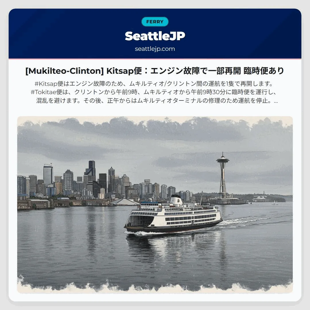 [Mukilteo-Clinton] Kitsap便：エンジン故障で一部再開
臨時便あり