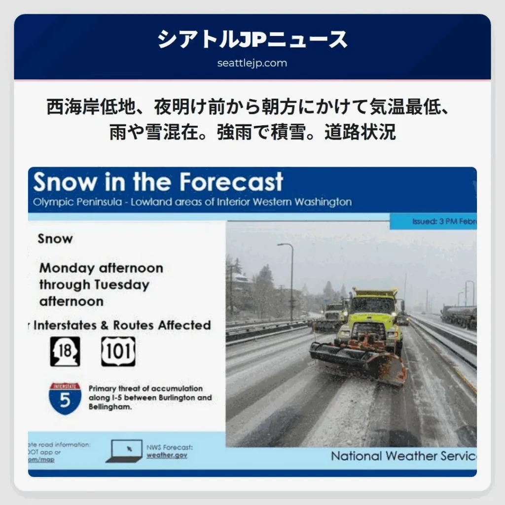 西海岸低地、夜明け前から朝方にかけて気温最低、雨や雪混在。強雨で積雪。道路状況