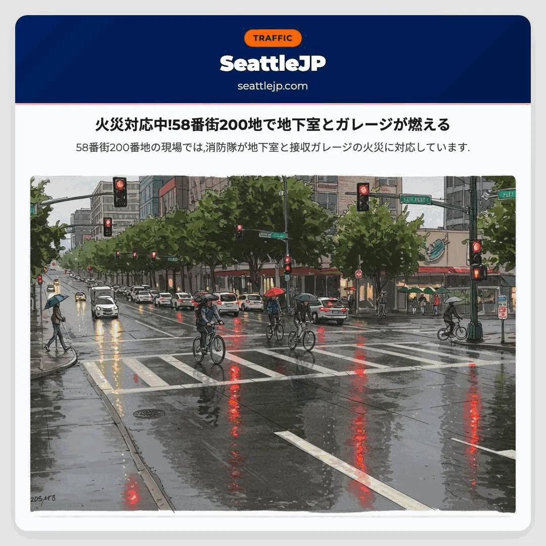 火災対応中!58番街200地で地下室とガレージが燃える