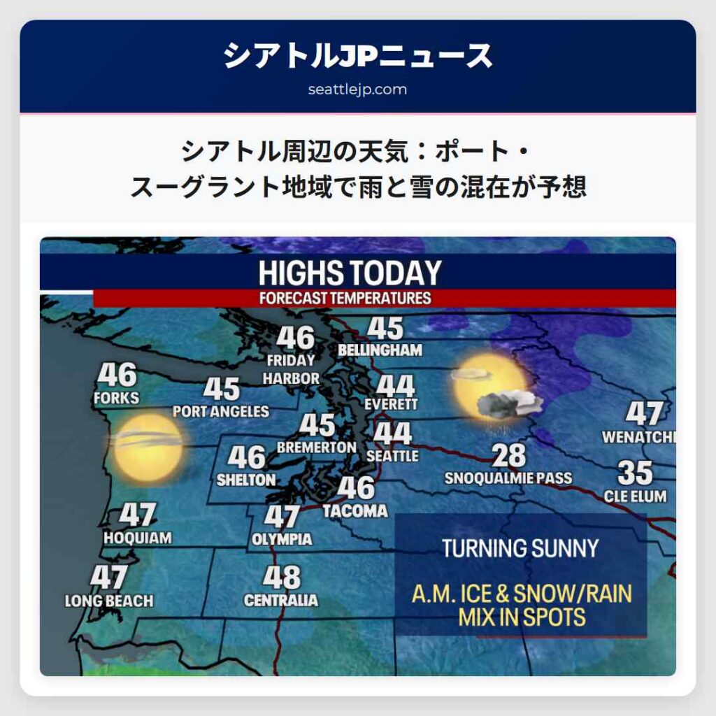 シアトル周辺の天気：ポート・スーグラント地域で雨と雪の混在が予想