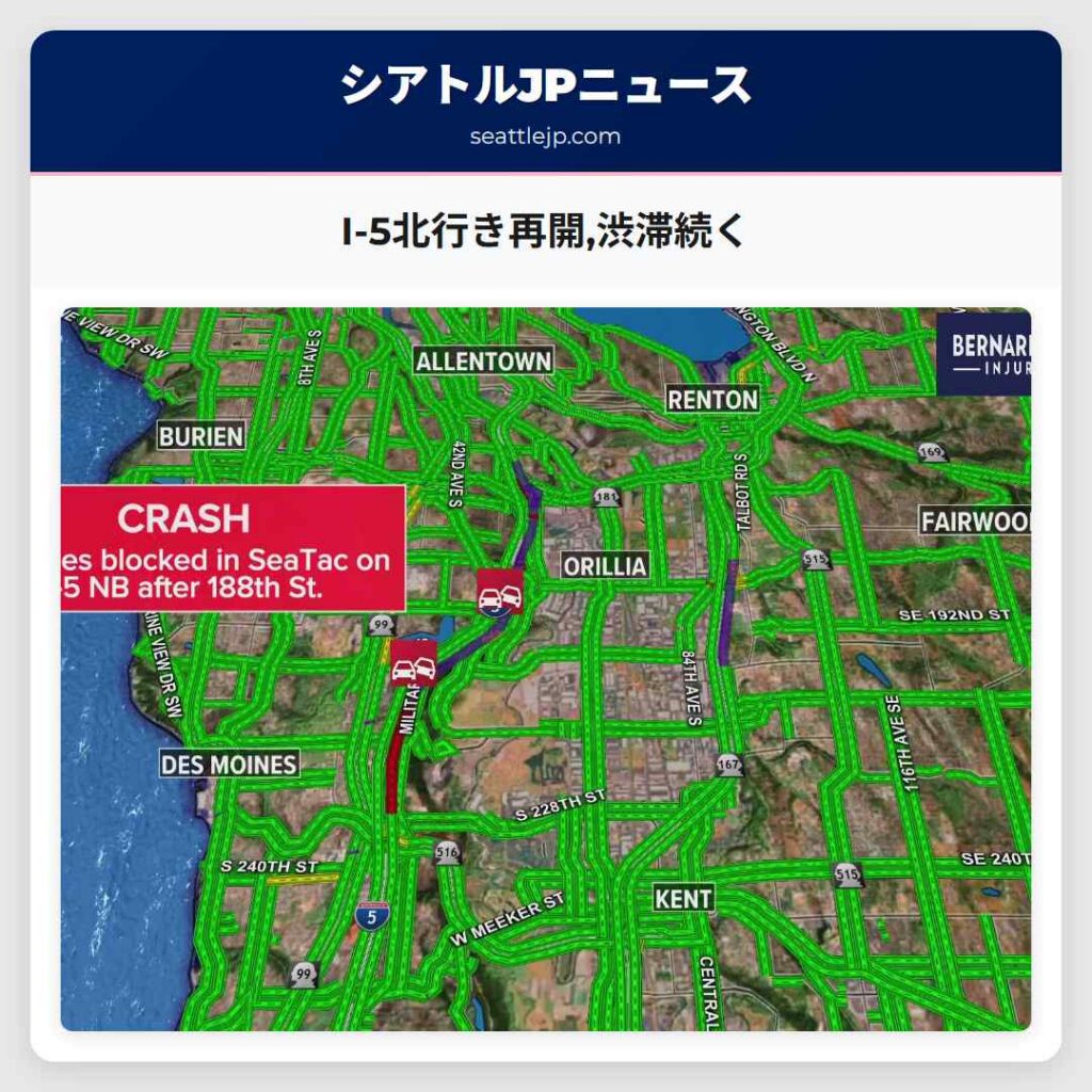 I-5北行き再開,渋滞続く